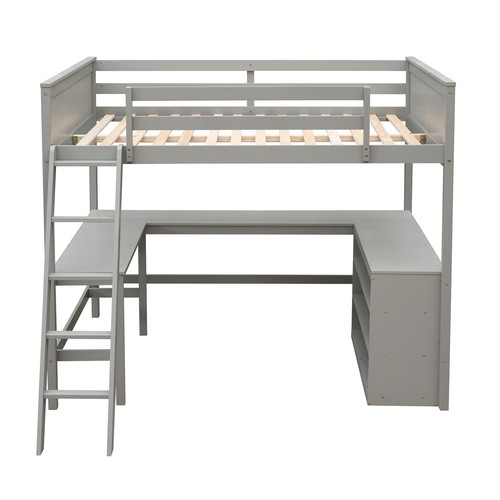 Modern Full size Loft Bed Frame With Desk +Storage Shelves Bookcase Wooden Gray - Picture 5 of 9