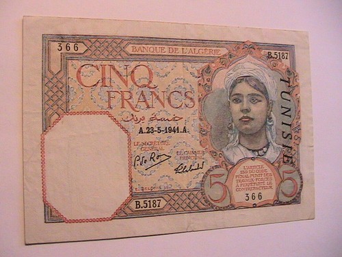 1941 Tunisia Overprint Algerian 5 Franc Ch VF Banknote Currency Paper Money p-8b - Picture 3 of 5