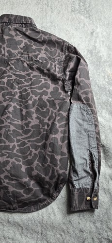 10 Deep Black Mallard Camo Chambray Forearm Mens S Long Sleeve Shirt Brown - Picture 19 of 20