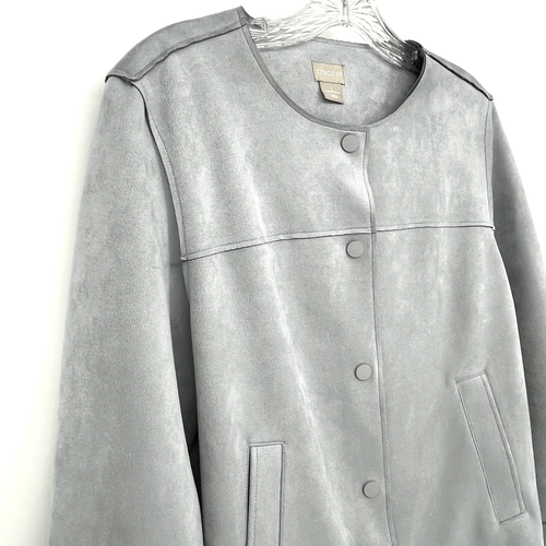 Chico's Blue Gray Suede Jacket Snap Button Business Size 1 Medium Pockets - Picture 3 of 6