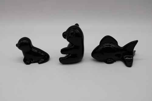 Vntage Oneida Black Crystal Hand Cut & Blown Figures - Set of 3 - Fish Bear Seal - Picture 2 of 8