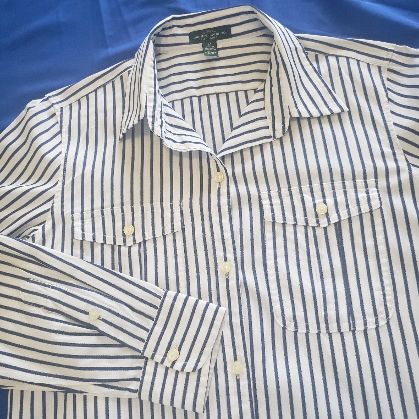 Vintage LRL Lauren Jeans Co Button Up Shirt Size M Blue Striped Roll Tab Pockets