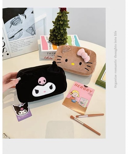 Sanrio Hello Kitty Tan Brown Plush Makeup Pouch Embroidered Face Cosmetic Bag - Picture 13 of 16