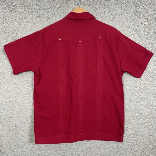 Guayabera Shirt Mens Large Red Haband Vintage 90s Beach Camp Embroidered Cuban - Picture 2 of 11