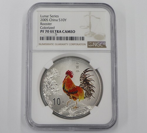 NGC PF70 2005 10YUAN Silver Coin China 2005 Zodiac Rooster coloured Silver Coin
