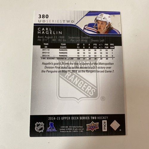 Carl Hagelin    -   - #380   - -2014/15 - Upper Deck  -  Carte de hockey - Bild 2 von 2