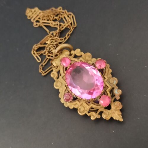 Antique Victorian Locket Necklace Mourning Ornate Brass Pink Large Rhinestone - Picture 5 of 15