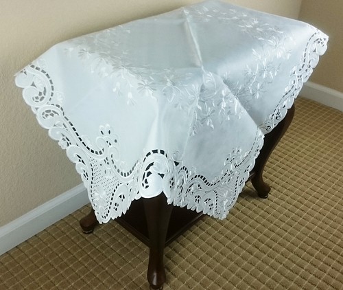 Wedding Fabric Solid White Embroidered Cutwork 33" Embroidery Tablecloth Square - Picture 3 of 8