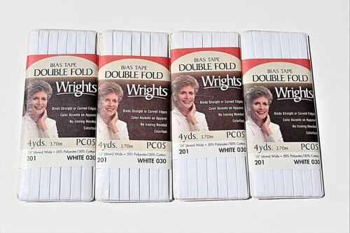 Lot of 4 Wrights Double Fold Bias Tape 201 White 30 1/4" Wide Poly Cotton Narrow