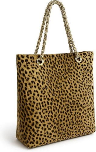 Women's Leopard Print Faux Suede Shoulder Bag Tote with Gold Chain and Zipper - Picture 2 of 7