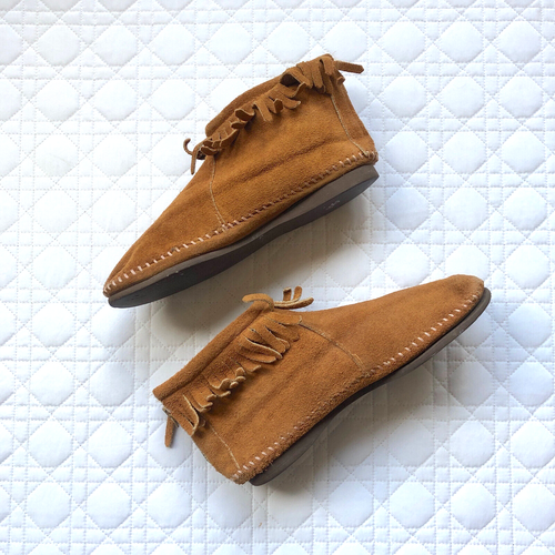 Hippie Boho Suede Mocassin Brown Fringe Suede Zip Back Shoes Sz 7 Laurel Canyon - Picture 2 of 5