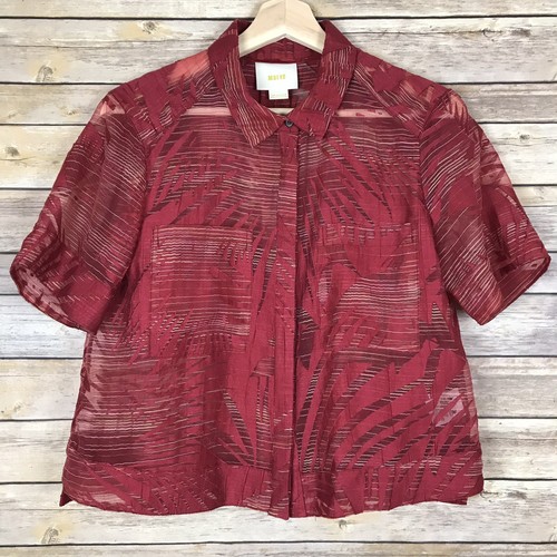 Anthropologie Maeve Red Sheer Textured Crop Short Sleeve Button Up Blouse Sz 6 - Picture 2 of 7
