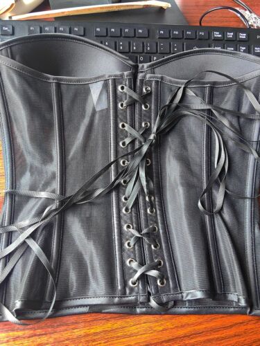 Corset Bustier With Cups Overbust Lace Up Boned Waist Trainer Double Layer Mesh - Picture 7 of 14