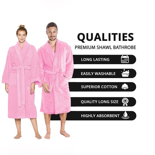 Unisex Bath Robe 100% Cotton Terry Towelling Shawl Collar & Hooded Bathrobe Gown - Picture 62 of 81