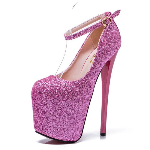 Glittering Drag Queen Men's Heels Platform Pink Crossdresser Ankle Strap Shoes - Picture 17 of 41