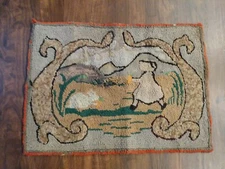 Antique 19th C Victorian Folk Art Area Rag Rug Mat Girl Rabbit Carrots  Losses