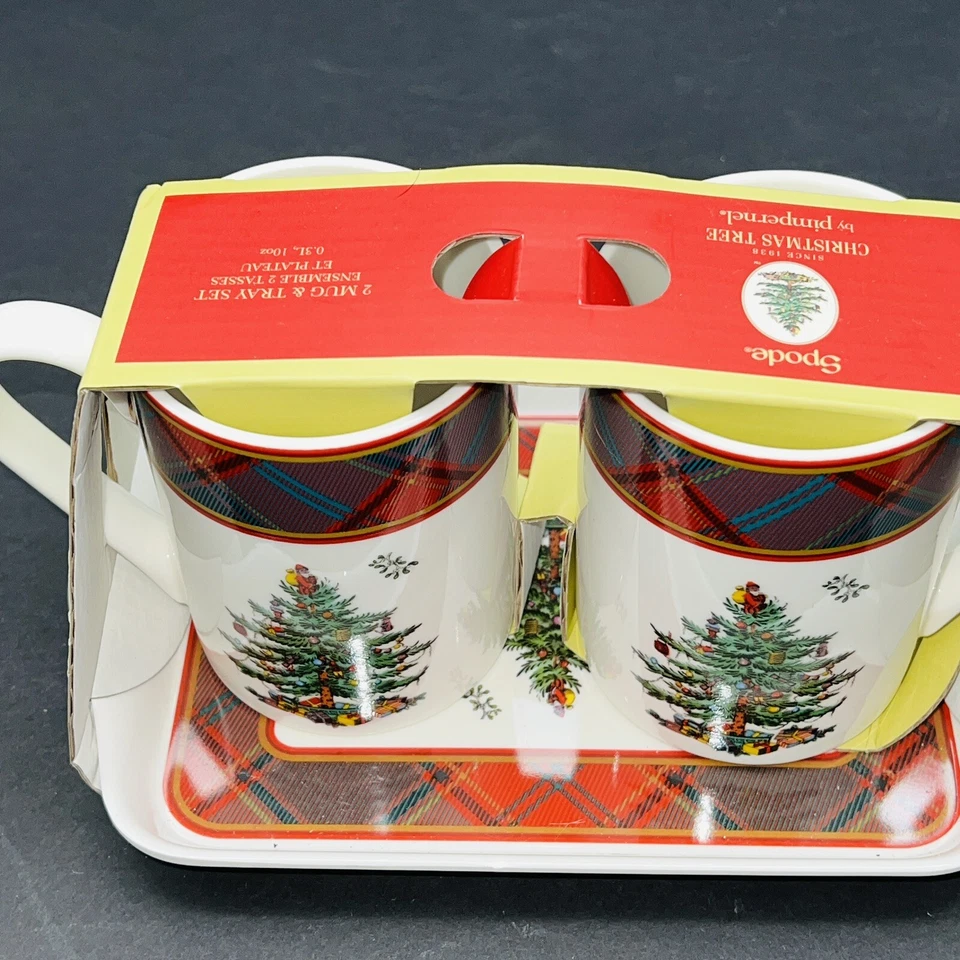 Spode Christmas Tree Tartan Set of 2 Mugs & Tray, 10 ounce Mugs New in box - Image 3 of 4
