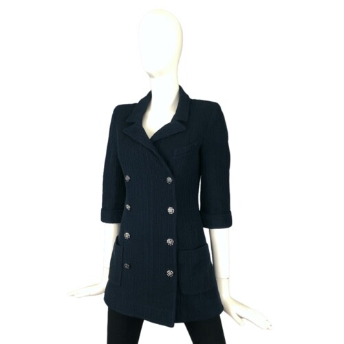 Authentisch Chanel CC Logo Knopf Little Navy Boucle Tweed Jacke Blazer Gr. FR36 S US2 - Bild 3 von 11