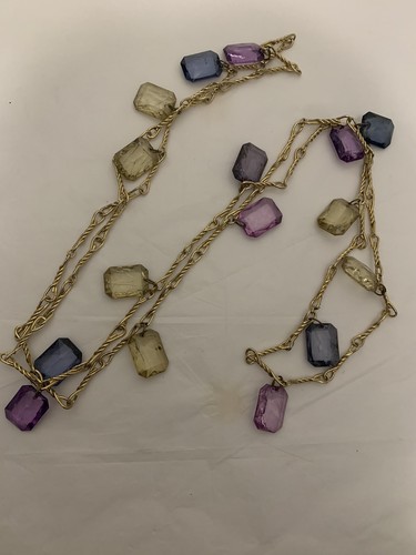 Vintage 64" Long Twisted Gold Tone Crackle Color GemsLucite Charm Link Necklace - Picture 3 of 9
