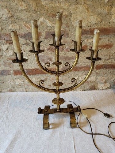 Ancien Candélabre Lampe brutaliste fer forgé doré milXXè 5 bras h60cm Iron lamp - Imagen 12 de 23