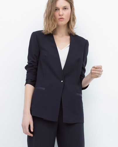 ZARA BASIC SCHICKER BLAZER L 40 DUNKELBLAU MIT TASCHEN OHNE KRAGEN OVERSIZE