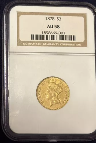 1878 $3 Three Dollar Indian  Gold Piece AU58 NGC