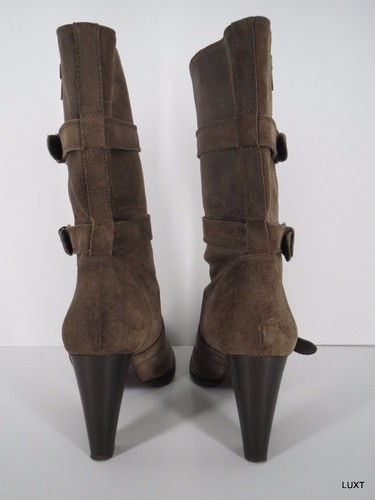 J.Crew Boots Suede Sz 9.5 Mid Calf Tan Brown Leather Buckles Straps Block Heels - Picture 8 of 12
