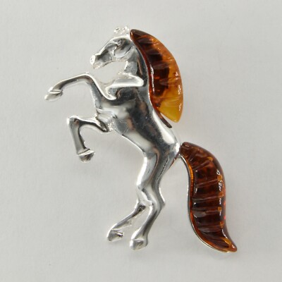 Natural Cognac / Brown BALTIC AMBER Horse Pendant 925 STERLING SILVER #4116