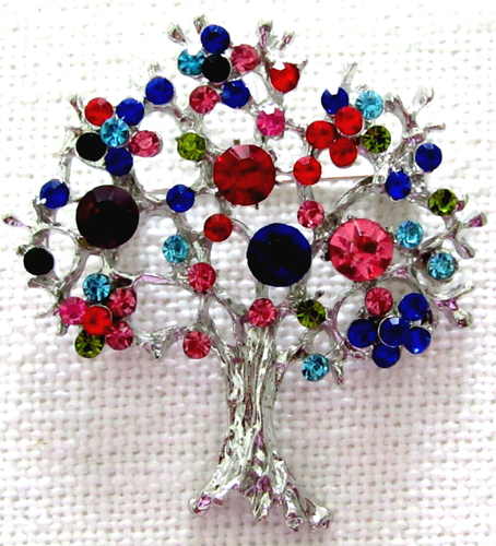 Broche prendedor Árbol de la Vida con piedras preciosas multicolores sobre metal tono plata - Imagen 2 de 3