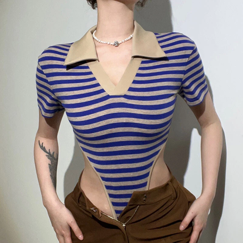 Damen Gestreift one piece Body Strampler Revers V-Ausschnitt Kurzärmeliges Top - Bild 3 von 4