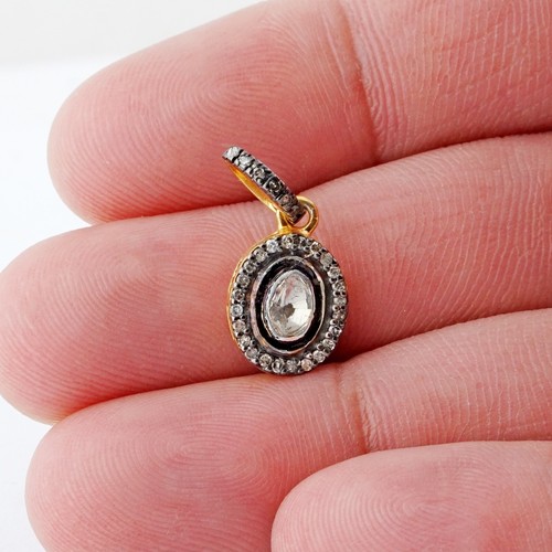 Colgante de joyería de plata 925 con dije ovalado de corte rosa natural Polki pavimentado diamante - Imagen 2 de 3