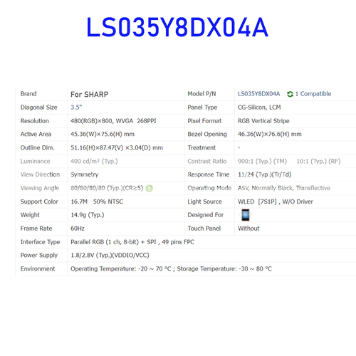 LS035Y8DX04A 3.5 Inch Original LCD Display Screen Panel for Sharp Brand New - Picture 3 of 5