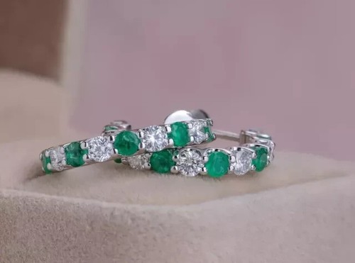 2Ct Round Lab-Created Green Emerald Diamond Hoop Earrings 14K White Gold Plated - Picture 3 of 5