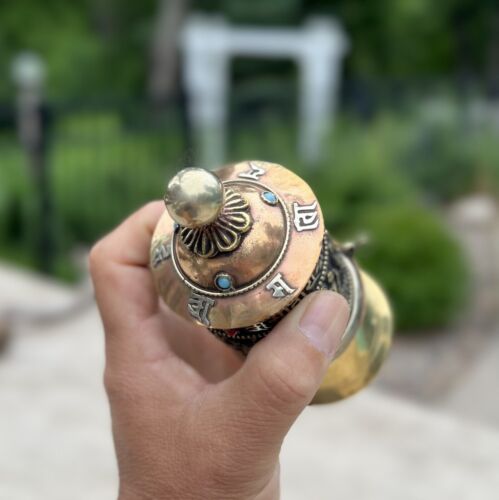 Ruota di preghiera buddista da tavolo tibetana 8 simboli fortunati - Foto 4 di 6
