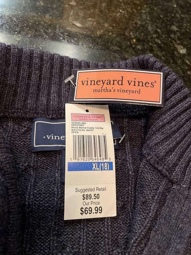 Boys Vineyard Vines Navy Blue Cable Knit 1/4 Zip Sweater - XL (18), New! - Picture 7 of 10