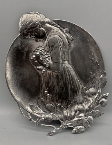 Rare WMF 1900 Set of ART NOUVEAU PEWTER CARD TRAY Rooster Boy Cherry Girl - 333 - Picture 13 of 22