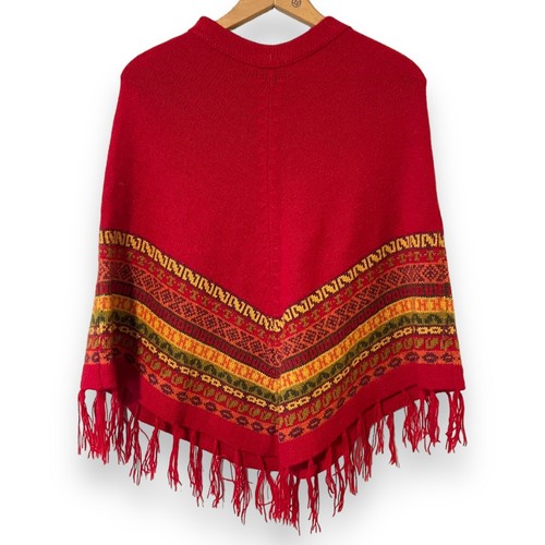 Vintage Alpaca Wool Red Fringed Poncho Shawl Festival Ethnic Boho Knit Sweater - Picture 6 of 10