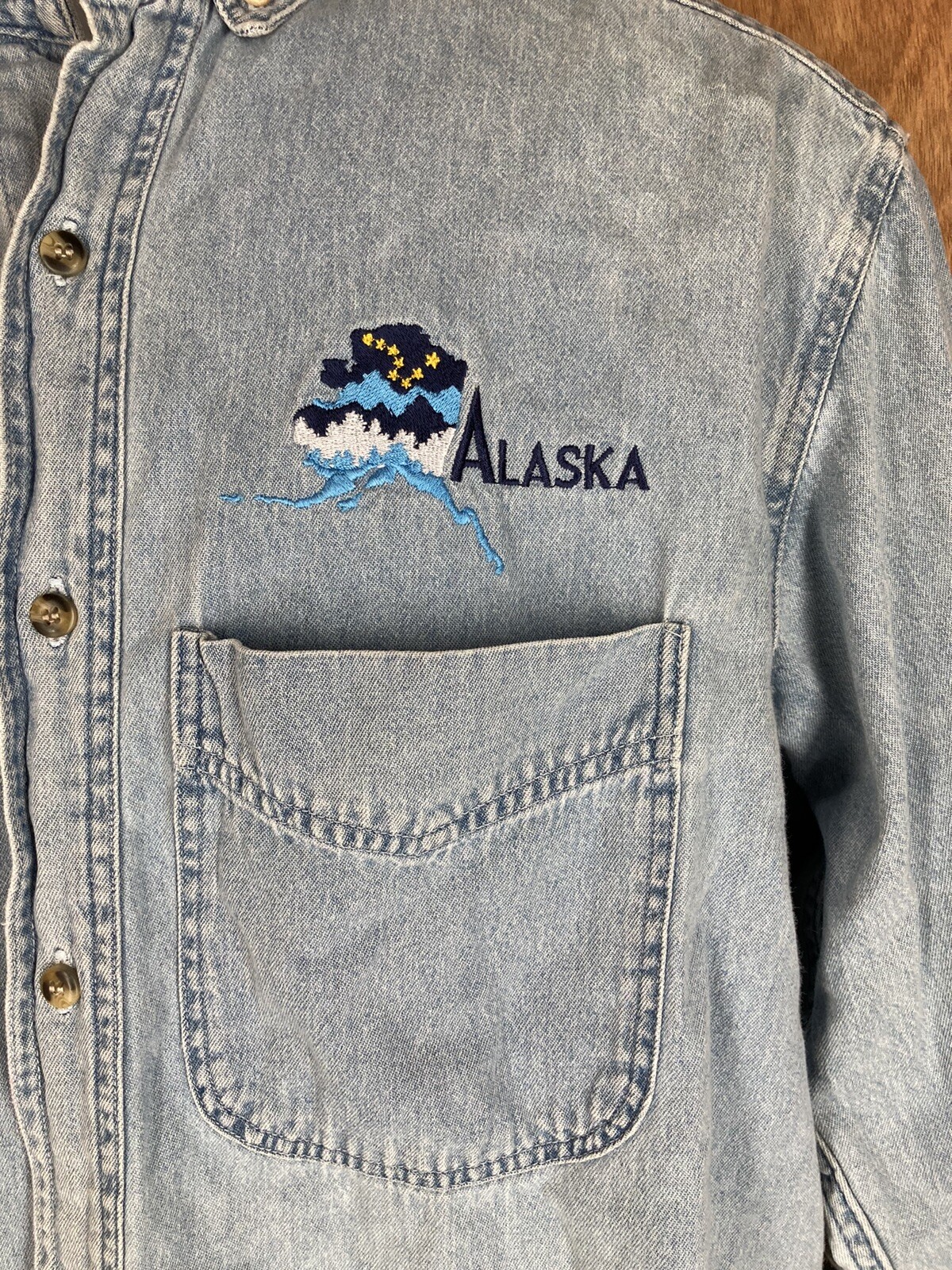 Faded Light Blue Denim Shirt Alaska Patch Men’s M… - image 2