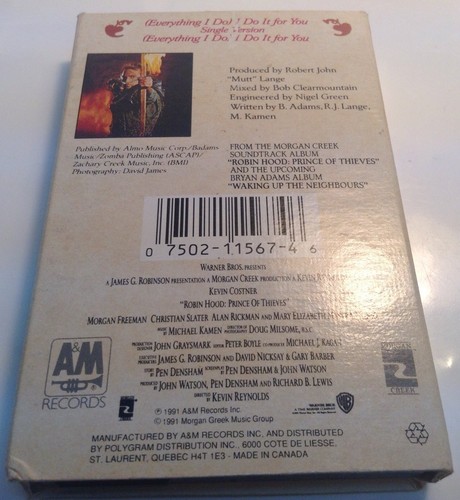BRYAN ADAMS Single Tape cassette (EVERYTHING I DO) I DO IT FOR YOU 1991 A & M - Picture 3 of 5