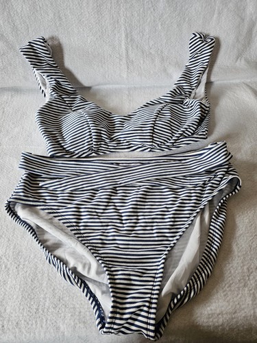 Time and Tru Swimsuit striped bikini set womens Size L top XL bottom navy white