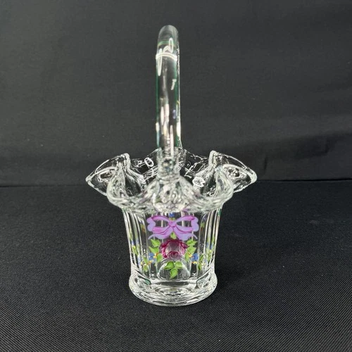 Vtg Fenton Clear Glass Basket w/Hand Painted Flowers