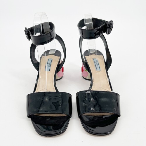 Prada Black Patent Leather Ankle Strap Flower Block Heel Sandal size IT 40 - Picture 6 of 12