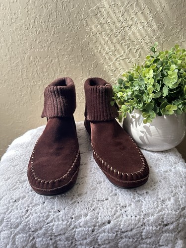 Vintage Minnetonka Moccasin Zip Booties Dark Brown Suede Size 10 Roll Down Tops - Picture 5 of 8
