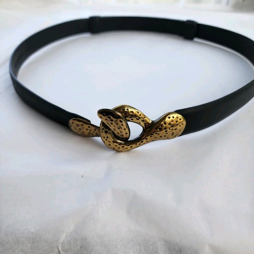 Chico's Size M/L Leather Belt Black Gold Hook Buckle Adjustable Statement Boho - Picture 6 of 10