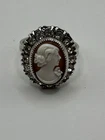 Vintage Sterling Silver Size 6 Cameo Ring With Rhinestone Accents