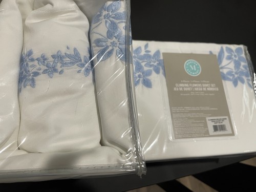Martha Stewart Ägypten Neu mit Etikett 3-teiliges King/Groß Bettwäscheset Blumenstickerei blau