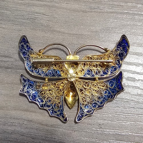 Vintage Plique a Jour Schmetterling Brosche vergoldet Sterlingsilber & Lapis - Bild 4 von 4
