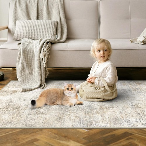 2x6 Beige Abstract Hallway Runner, Ultra Soft Fabric Washable Runner Rug, Non... - Picture 2 of 8