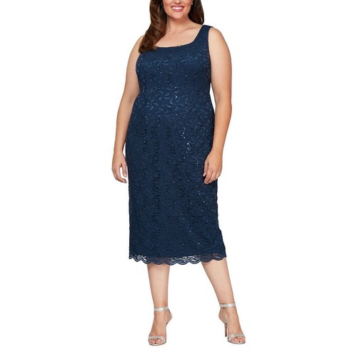 Alex Evenings Lace Cocktail Dress Women's Plus 14W Blue Sleeveless Midi NWT