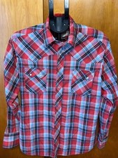 Wrangler Western Fashion Pearl Snap Shirt Mens Large Red Blue Plaid Vintage 90s